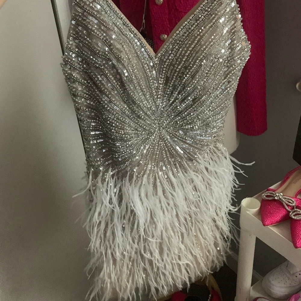 Beige Rhinestone Feather Mini Dress - Picture 5 of 6